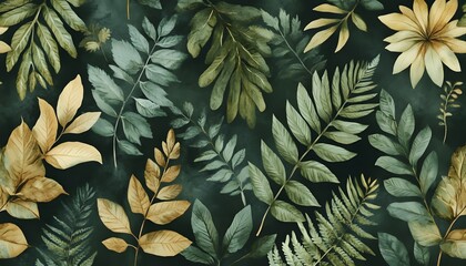 Botanical pattern with various leaves and ferns in a tropical color scheme on dark green