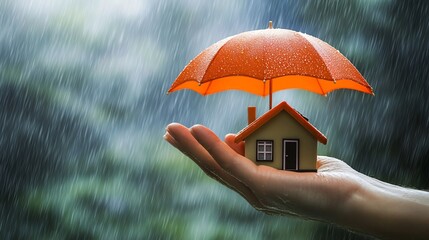 Sheltered Home Under Protective Umbrella with Sunny Rain Backdrop