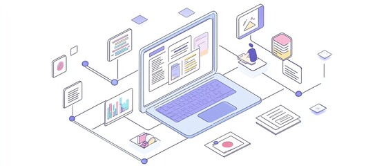 Fototapeta premium Laptop interface for managing digital documents, with icons of text, images, and data points, user interacting with the interface, generative AI design