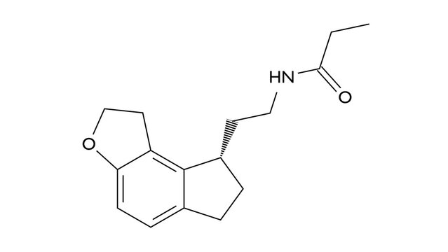 ramelteon molecule, structural chemical formula, ball-and-stick model, isolated image sedative