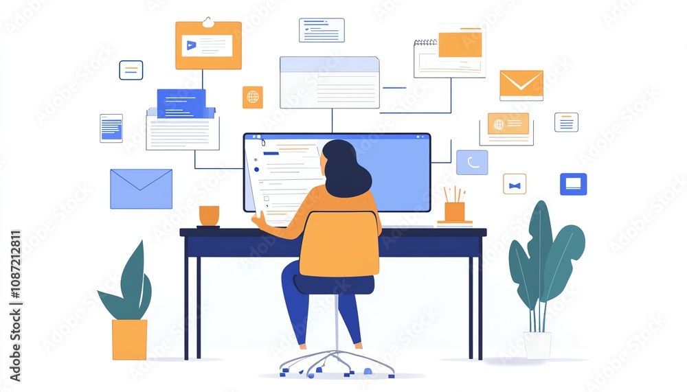 Poster Laptop user accessing an online document management system, digital documents and icons floating on the screen, modern generative AIdriven workspace