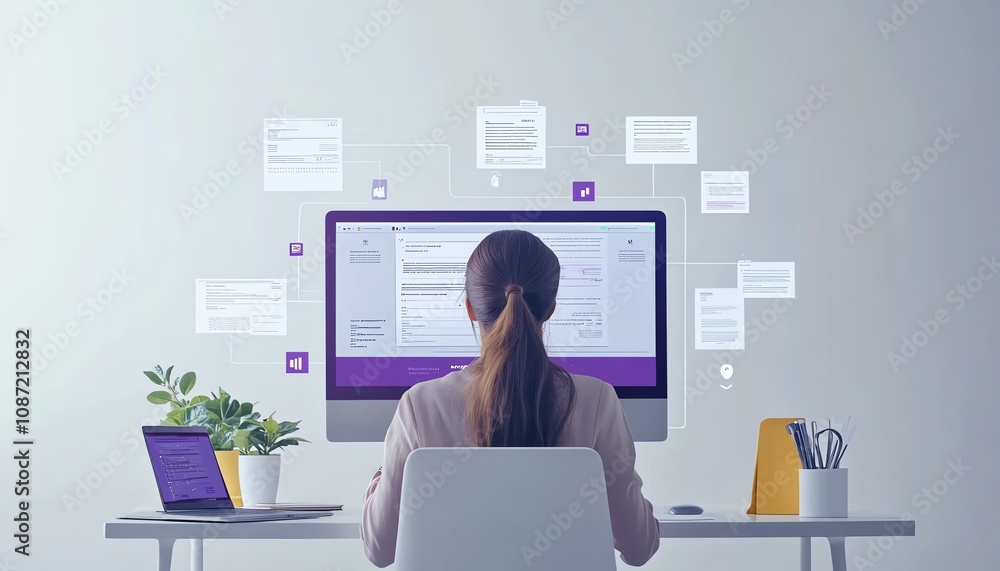 Poster Laptop user accessing an online document management system, digital documents and icons floating on the screen, modern generative AIdriven workspace