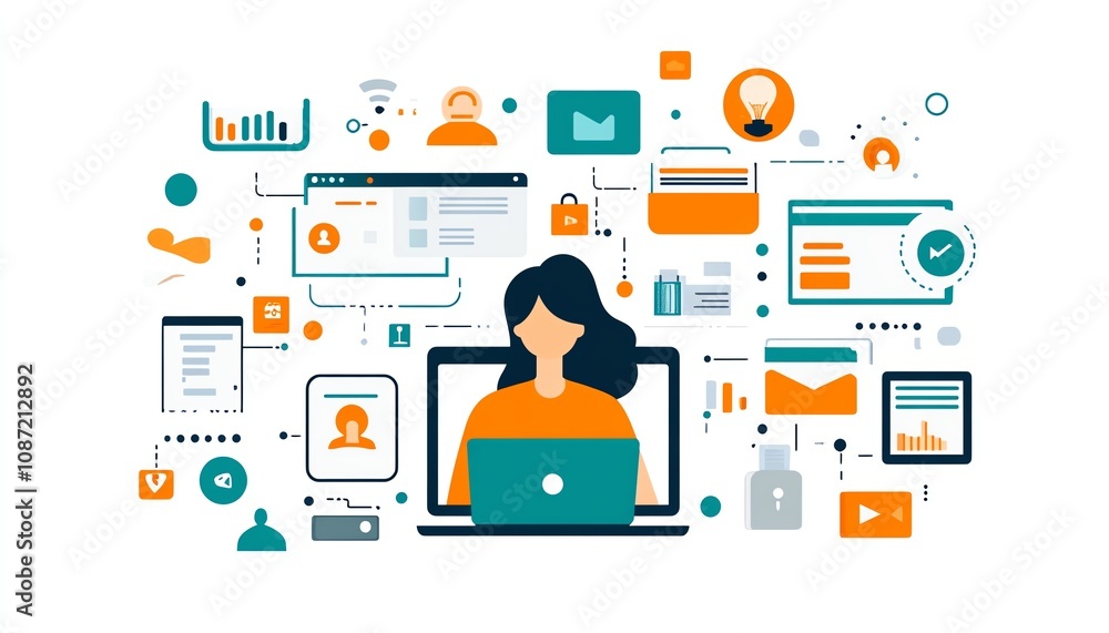 Poster Laptop user accessing an online document management system, digital documents and icons floating on the screen, modern generative AIdriven workspace