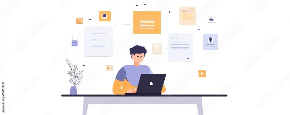 Poster Laptop user managing digital documents, icons representing text, images, and data points floating above, minimalist and sleek design, generative AI concept