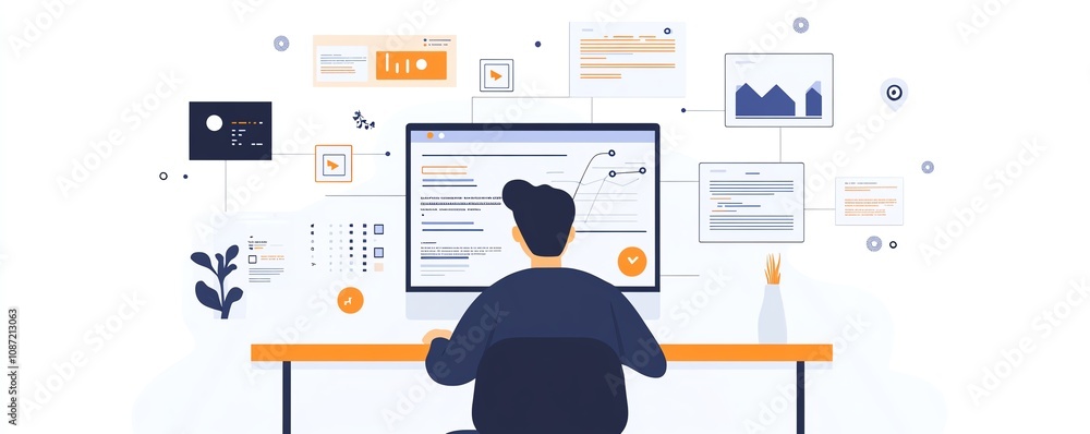 Poster Laptop user managing digital documents, icons representing text, images, and data points floating above, minimalist and sleek design, generative AI concept