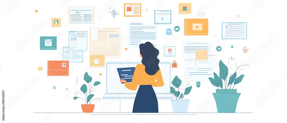 Poster Laptop user managing digital documents through an online system, icons and files floating around the screen, generative AIdriven interface