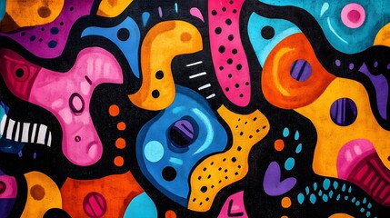 Funky doodles with abstract shapes squiggles and dots in bright contrasting colors