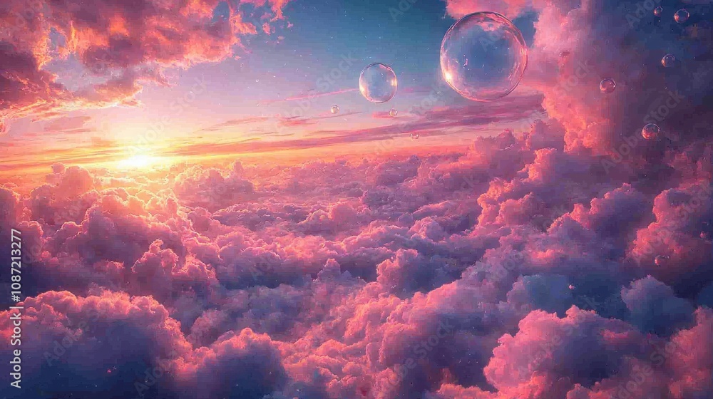 Poster exploring cosmic wanderer rainbow nebula swirls and floating bubbles in celestial dreamscape