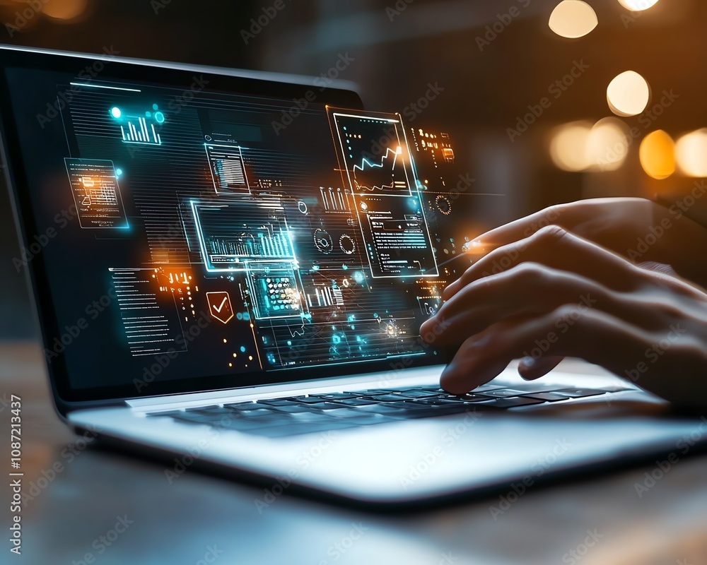 Poster Person accessing online document management system on laptop, digital documents and icons floating on the screen, sleek generative AI interface