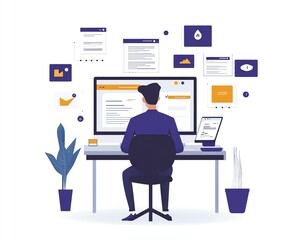 Fototapeta premium Person accessing online document management system on laptop, digital documents and icons floating on the screen, sleek generative AI interface