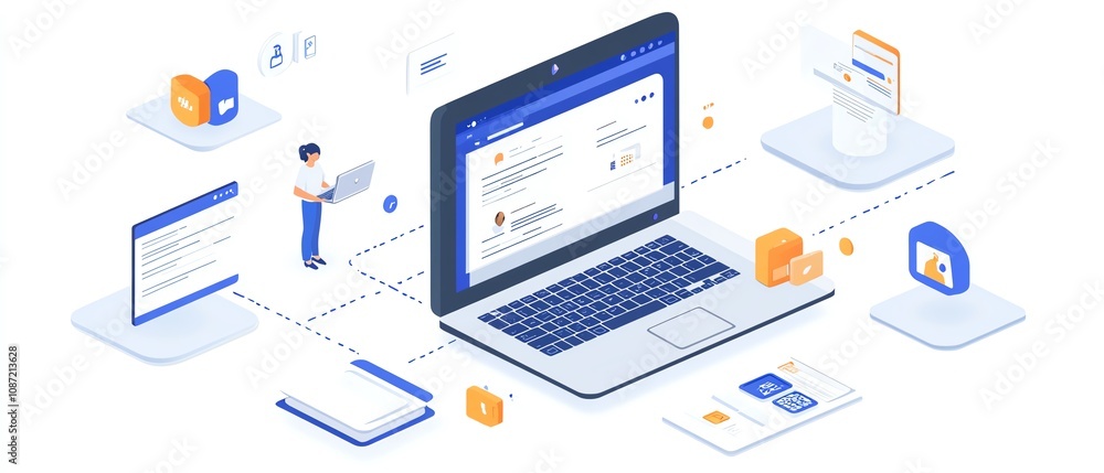 Fototapete Person interacting with a laptop, accessing an online document management system, digital documents and floating icons on screen, generative AI concept