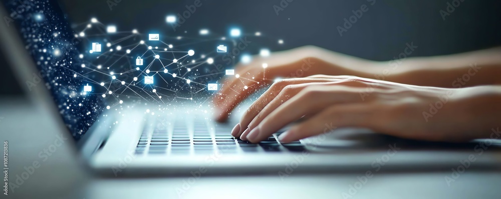Aufkleber Person s hands typing on a laptop with floating digital icons, representing secure document management and data protection, sleek generative AI design