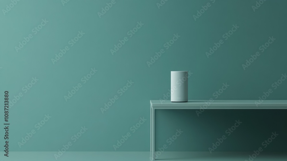 Poster Minimalist setting with a speaker on a table against a teal wall.