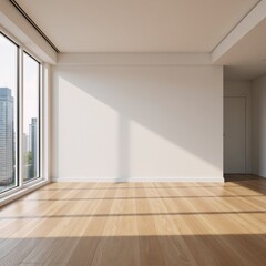 Obraz premium Modern space empty frame on wood-floored wall city panorama through large windows in natural light Rendering