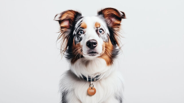 Close-up portrait of an Australian Shepherd dog with multicolored fur and striking blue eyes against a plain background, wearing a collar with a circular name tag.