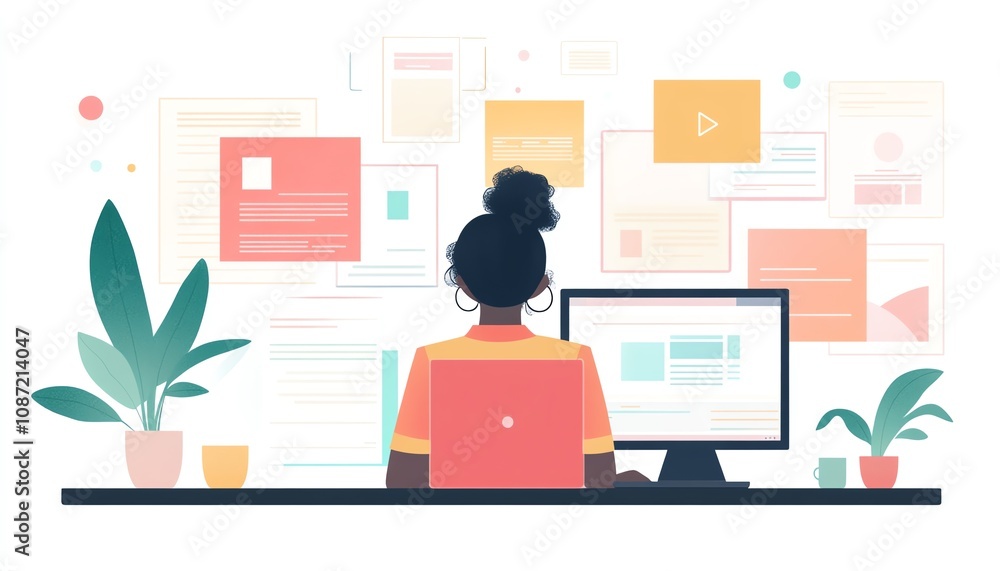 Aufkleber person using laptop interface to organize digital documents with icons for text, images, and data, c