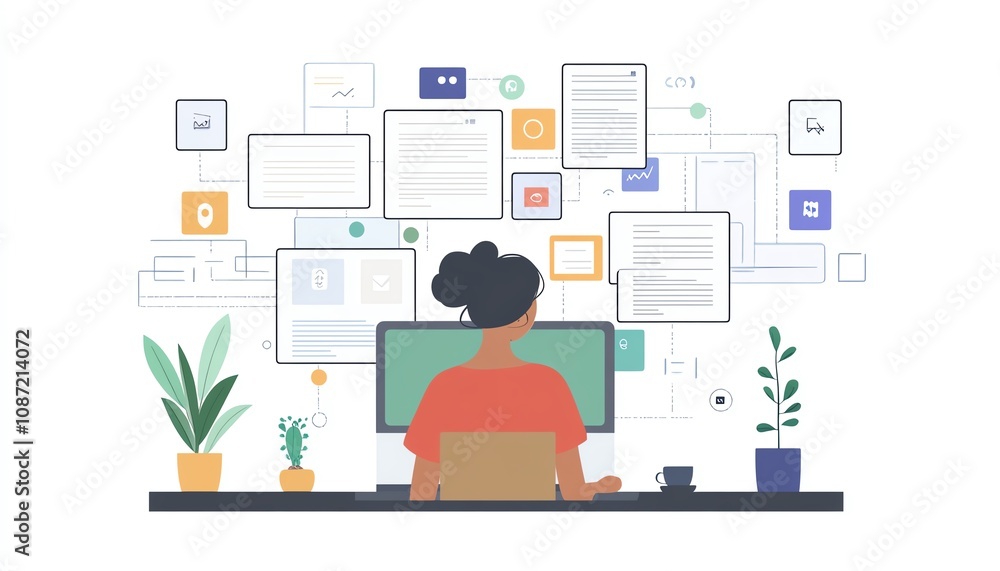 Aufkleber person using laptop interface to organize digital documents with icons for text, images, and data, c