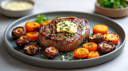 A tantalizing display of a perfectly cooked grilled steak with a golden crust accompanied by roasted mushrooms and baby carrots all complemented by a delectable dollop of melted herb butter