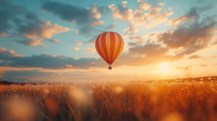 Obraz premium Dandelion Dreamscape, vibrant hot air balloon floats amidst dandelions, warm sunlight bathes the scene, blue sky dotted with clouds.