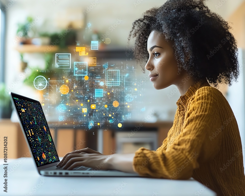 Fototapete Person using laptop to manage online documents, digital files and floating icons on the screen, futuristic generative AI user interface