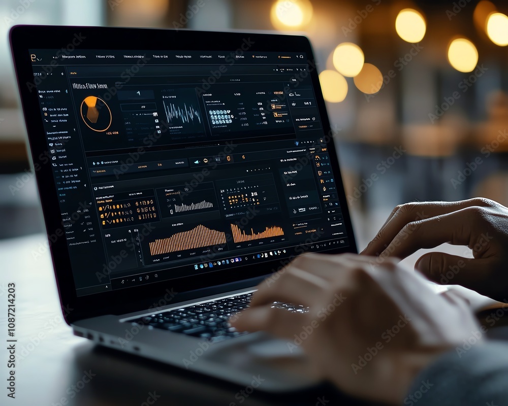 Poster Person using laptop to manage online documents, digital files and floating icons on the screen, futuristic generative AI user interface
