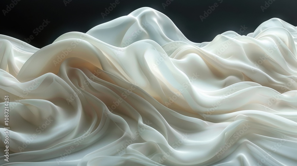 Poster soft white fabric waves resemble ocean waves under a gentle light, creating an ethereal and calming 
