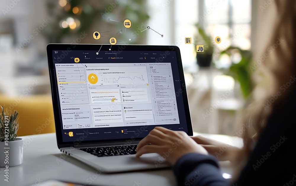 Poster Person using laptop to navigate online document management system, with digital documents and floating icons representing data, text, and images, generative AI design