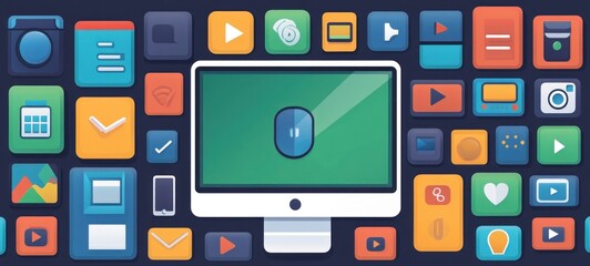 Colorful App Icons and Desktop Computer: A Modern Technology Illustration