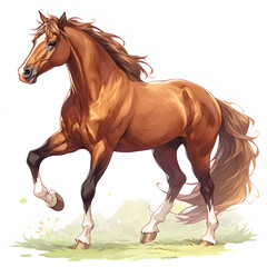 Obraz premium AI Generate of Cartoon brown horse standing and running on savannah isolated by white background