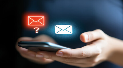 Hand holding a smartphone showing email icons, one with a question mark, symbolizing unread messages, email queries, or message alerts.