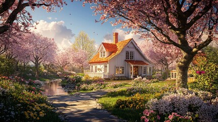 Naklejka premium The painting depicts a summer landscape with a wooden old house by a river, as well as beautiful flowers and trees.