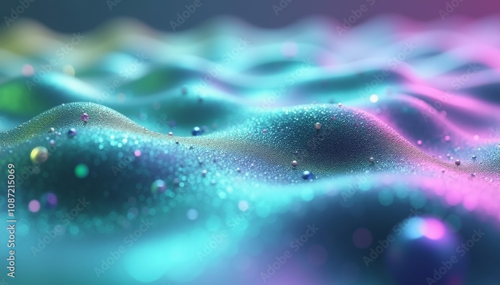 Aufkleber an abstract 3d wave background with shimmering curves in teal and purple, adorned with droplets for 