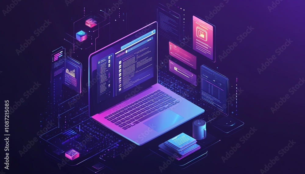 Aufkleber User accessing online document management system on a laptop, digital documents and icons floating around, sleek and futuristic generative AI interface