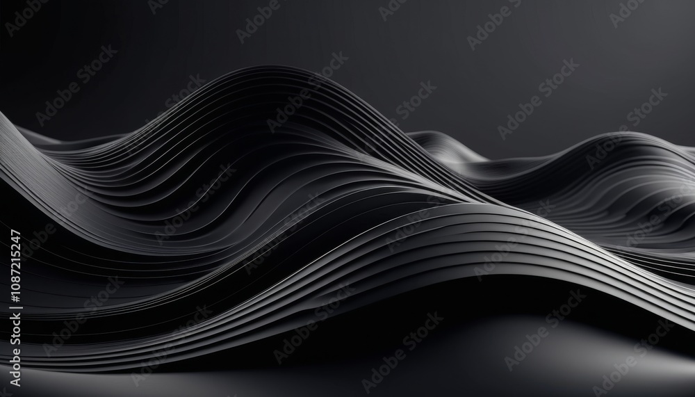Poster an abstract 3d wave background in rich black tones, showcasing fluid layers that convey depth and so