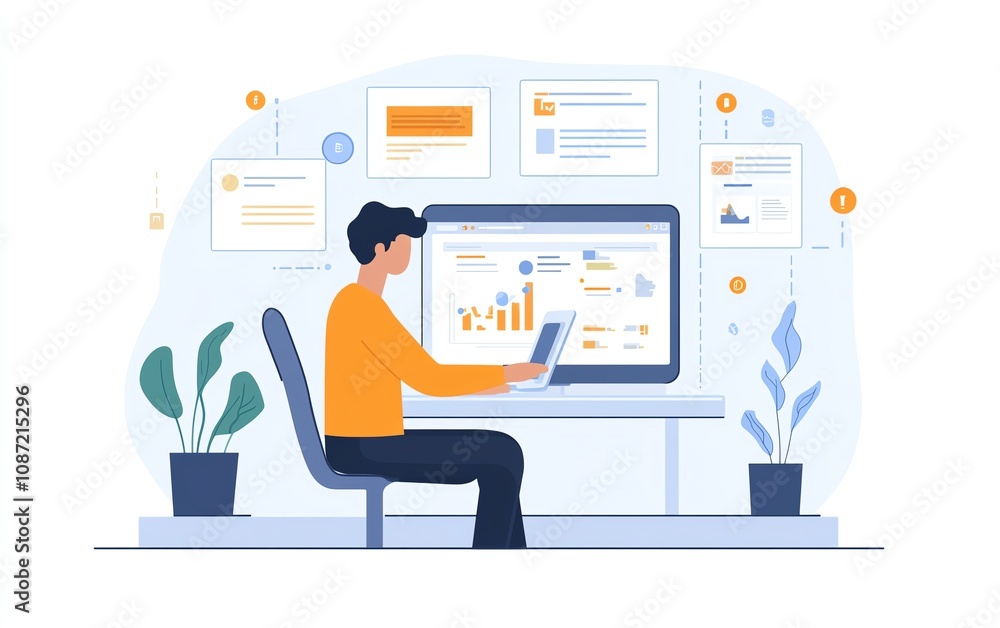 Poster user managing digital documents on laptop interface, icons representing text, images, and data point