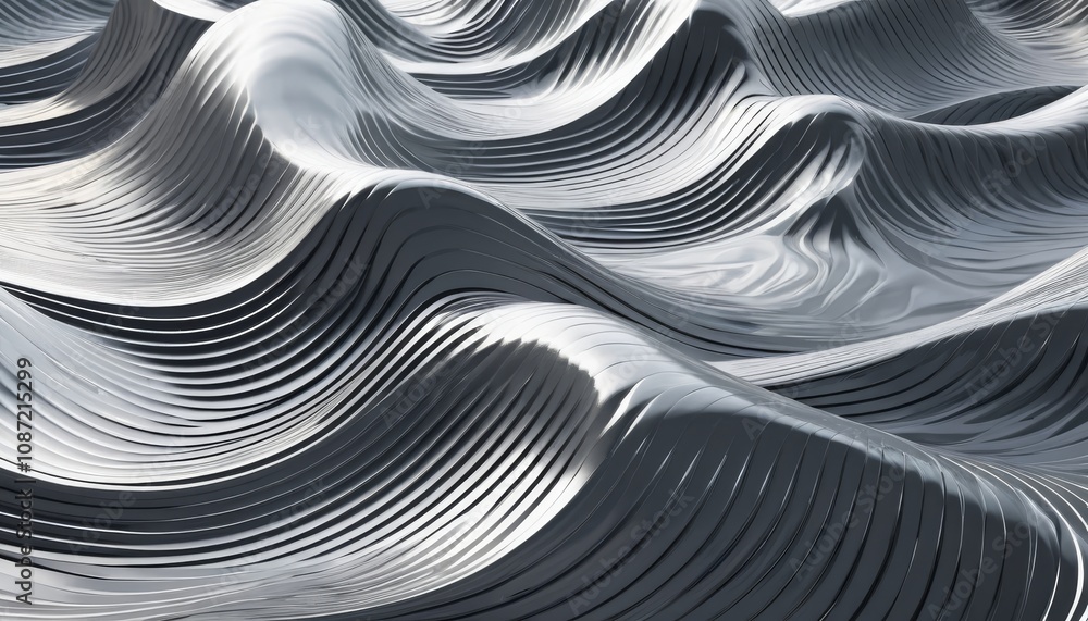 Poster an abstract 3d wave background with flowing silver curves, emphasizing texture and a sense of sophis