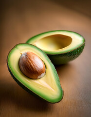 Avocado halved, the inside with the seed clearly visible, placed on a natural wood surface