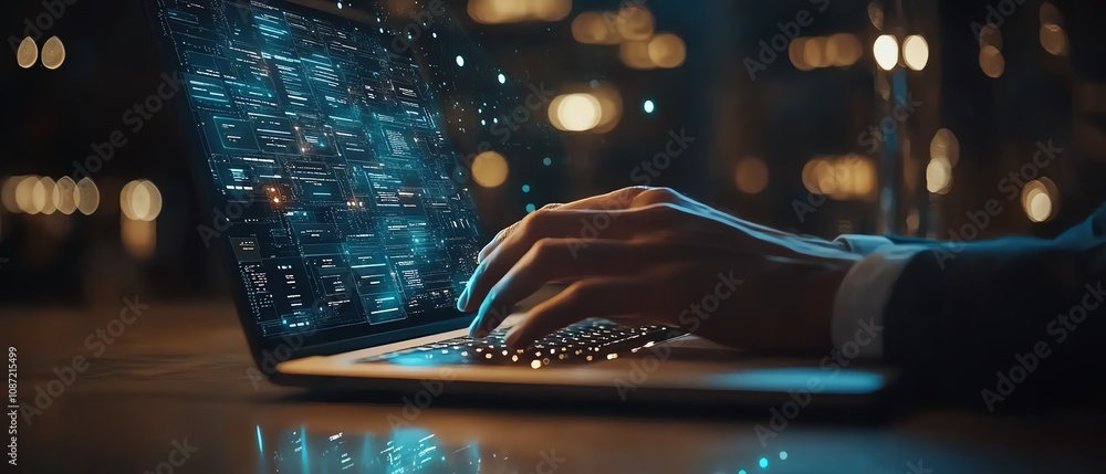 Leinwandbilder business person typing on a laptop with floating icons for document management and data protection, 