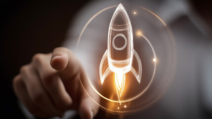 A close-up of a finger reaching out to a glowing virtual rocket icon, symbolizing startup launch, innovation, and business growth potential.