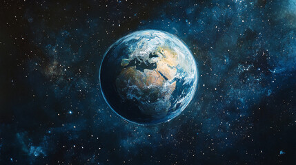 Naklejka premium Earth shines beautifully in the vast universe, surrounded by twinkling stars and cosmic colors