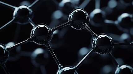 Interconnected glossy black spheres forming a molecular structure, with a high-tech feel and a dark background to emphasize the depth of the design.