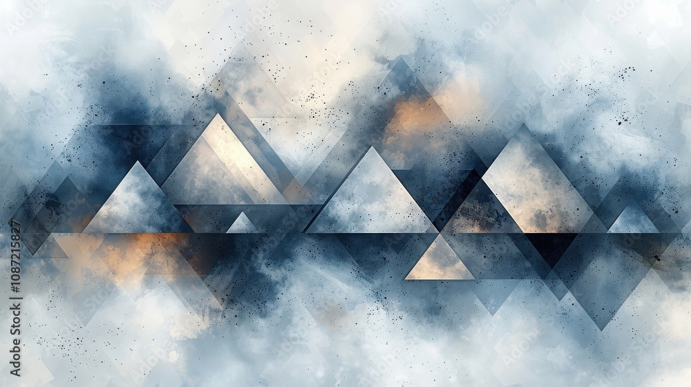 Poster abstract geometric patterns with triangular shapes and soft cloudy textures in shades of blue and gr