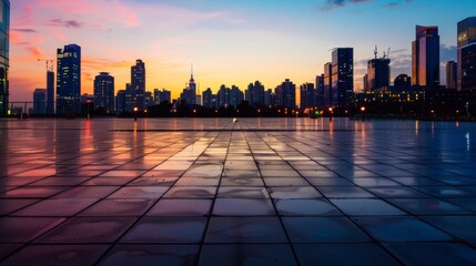 Empty square floor with city skyline background, Cityscape with modern architecture, golden hour lighting