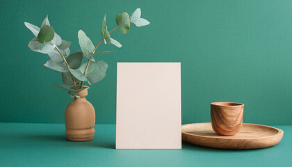 Minimalistic Blank white Paper Card, Funeral Invitation Mockup. Front view Eucalyptus Plant, Modern Wooden Plate, white paper mockup on green table copy space.