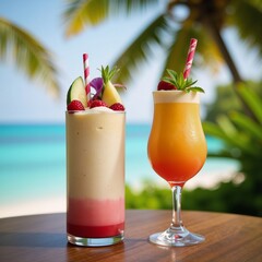 A photorealistic image showcases a radiant fruity cocktail against the backdrop of a tranquil tropical bay