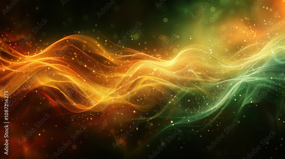 Poster colorful abstract wave patterns with sparkling particles flowing gracefully across a dark background