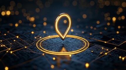 A glowing location pin is centered above a dark, textured surface filled with shimmering particles, representing digital mapping and navigation technology.