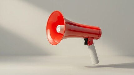 A bright red megaphone stands upright against a neutral background, casting a subtle shadow, symbolizing communication and amplification of voice.