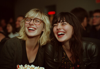 Two women are smiling and laughing together. They are sitting in a theater and are enjoying a movie