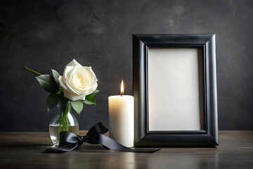 Funeral white blank frame photo mockup with black ribbon, white rose and candle on dark table against black background. Copy space.